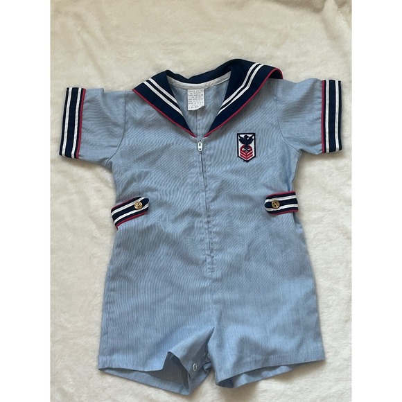 Vintage sailor suit nautical navy romper 24m 2t stripe anchor baby toddler retro - Picture 1 of 12